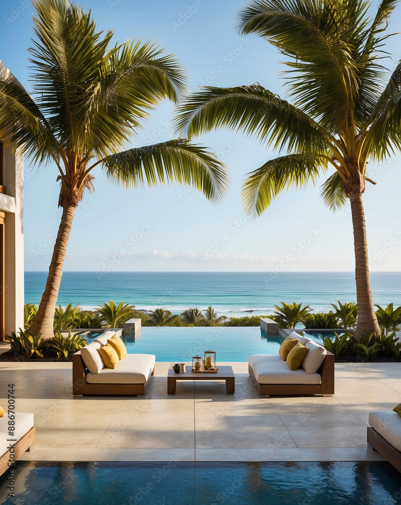 Fototapeta premium Modern patio with white lounge chairs and coffee table sits beside pool overlooking ocean