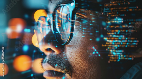 Wallpaper Mural A man wearing glasses is looking at a computer screen with a lot of code on it Torontodigital.ca