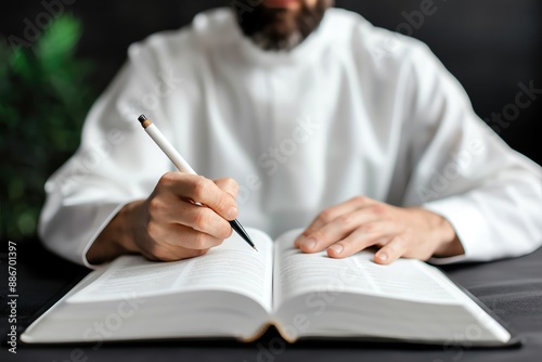 Spiritual leader writing in a sacred book, creating new doctrine, Spiritual Leader Doctrine, Scriptural Creation