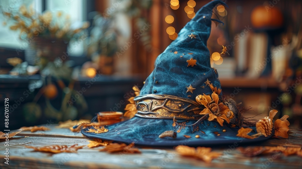 Fototapeta premium Blue Witch Hat with Gold Accents.