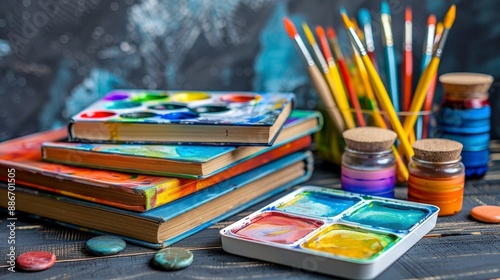 Watercolor Paint Set with Books and Brushes.