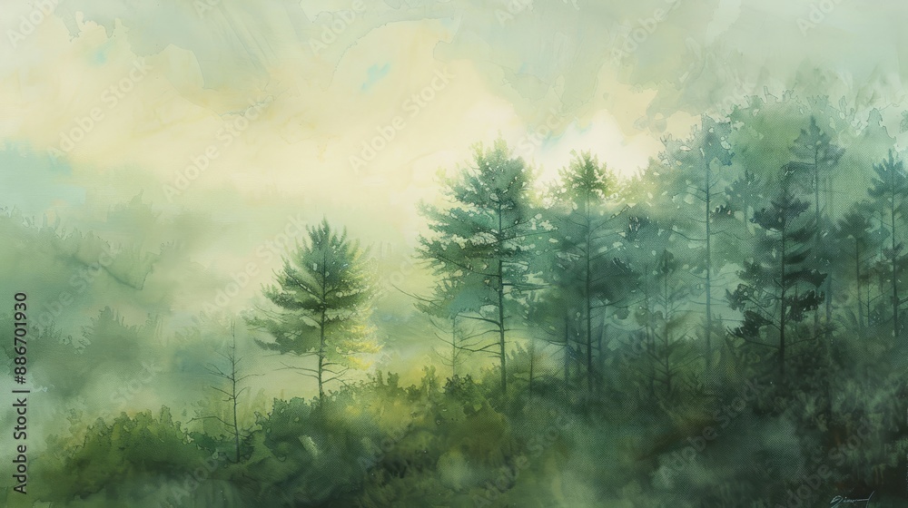 Naklejka premium Misty Forest Watercolor Painting.