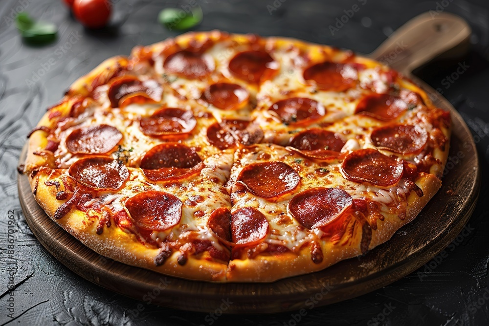 Tasty pepperoni pizza and cooking ingredients tomatoes basil on black concrete background Tasty pepperoni pizza and cooking ingredients tomatoes basil on black concrete background