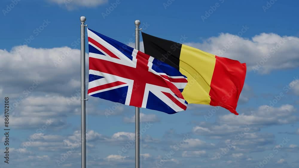 Belgium and United Kingdom flags flying together, video concept of the relationship, two country relations concept Belgium and United Kingdom flags flying together, video concept of the relationship, two country relations concept