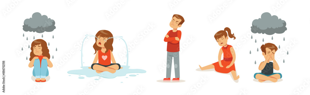Sad Child Character Cry and Feel Unhappy Vector Set Sad Child Character Cry and Feel Unhappy Vector Set