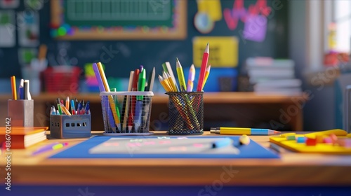 Creative Chaos Vibrant School Supplies Sparking Imagination on a Busy Desk