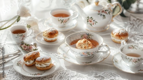 Wallpaper Mural Charming Afternoon Tea Delight Porcelain Teacups Scones and Sandwiches on White Lace Tablecloth Elegant and Inviting Torontodigital.ca