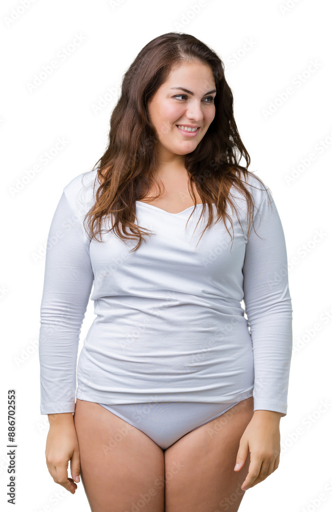 Beautiful plus size young overwight woman wearing white underwear over isolated background looking away to side with smile on face, natural expression. Laughing confident. Beautiful plus size young overwight woman wearing white underwear over isolated background looking away to side with smile on face, natural expression. Laughing confident.