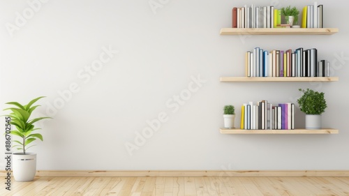 A minimalist room featuring wooden floating shelves with books and potted plants against a plain white wall, creating a serene and organized space.
