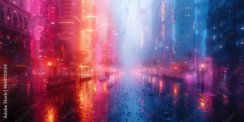 Fototapeta premium Abstract depiction of urban life, with overlapping shapes and vibrant colors, capturing the energy and chaos of the city