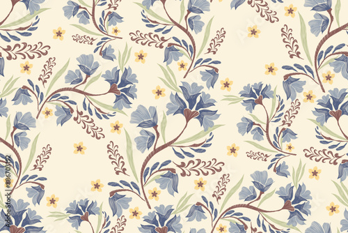 Vintage Flowers Pattern Seamless. Hand drawn minimal Indian floral vector illustration blue indigo embroidery texture design for fabric background border. 