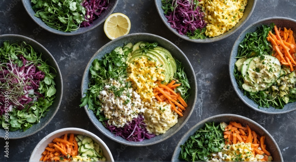 Fototapeta premium collection six bowls different types food arranged dark