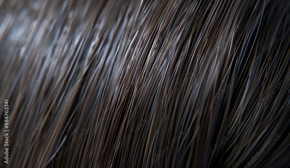 Obraz premium Close-up of dark brown black hair, showcasing the texture and waves Hair salon concept. Healthy shiny style.