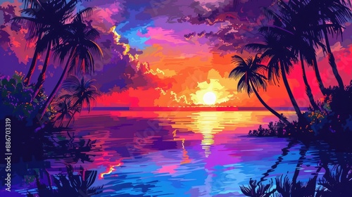 Silhouetted palm trees against a vibrant sunset over the sea, with reflections of the colorful sky shimmering on the water.