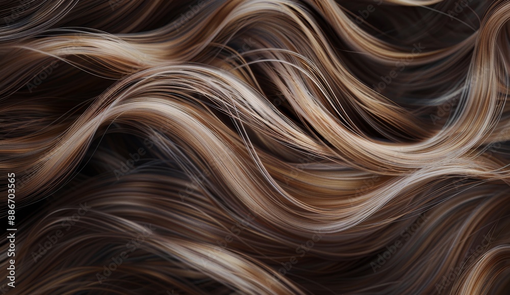 Close-up of light brown blond hair, showcasing the texture and waves Hair salon concept. Healthy shiny style.