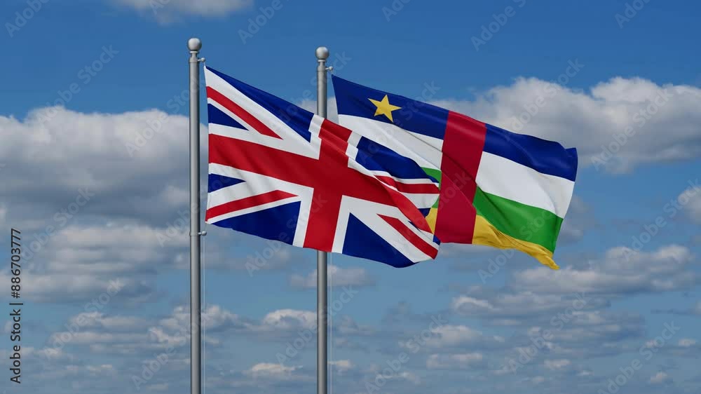 Central African Republic and United Kingdom flags flying together, video concept of the relationship, two country relations concept Central African Republic and United Kingdom flags flying together, video concept of the relationship, two country relations concept