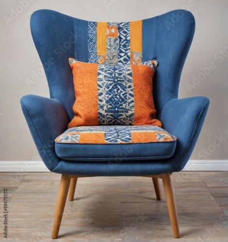 blue armchair colorful throw pillow it chair has photo