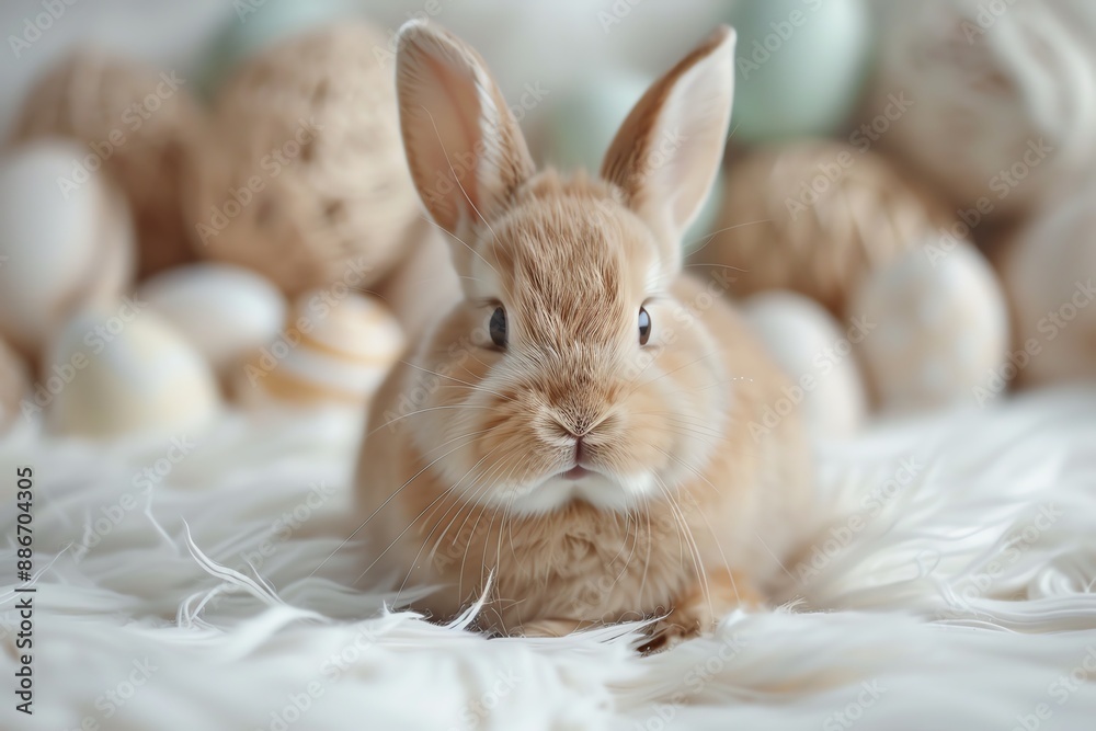 Obraz premium Adorable fluffy bunny resting on a soft white surface with Easter eggs and decorations in the background.