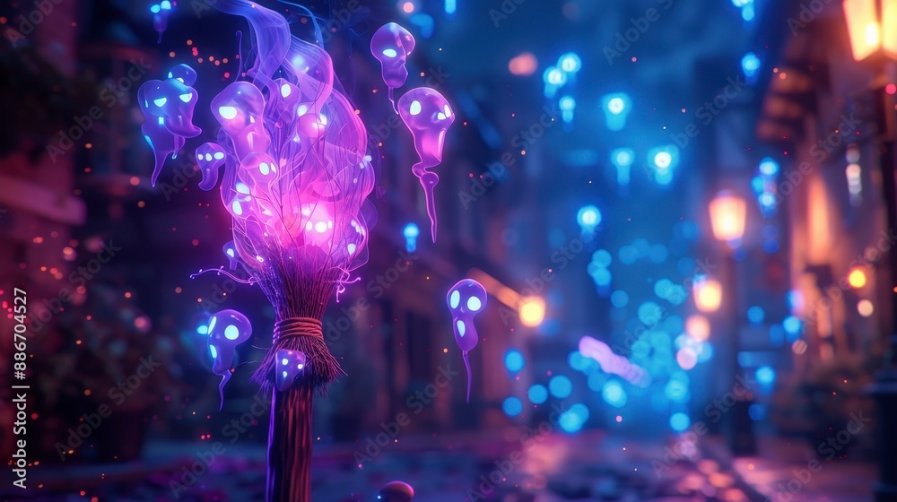 Magical glowing torch with ghosts in the air. Magical glowing torch with ghosts in the air.
