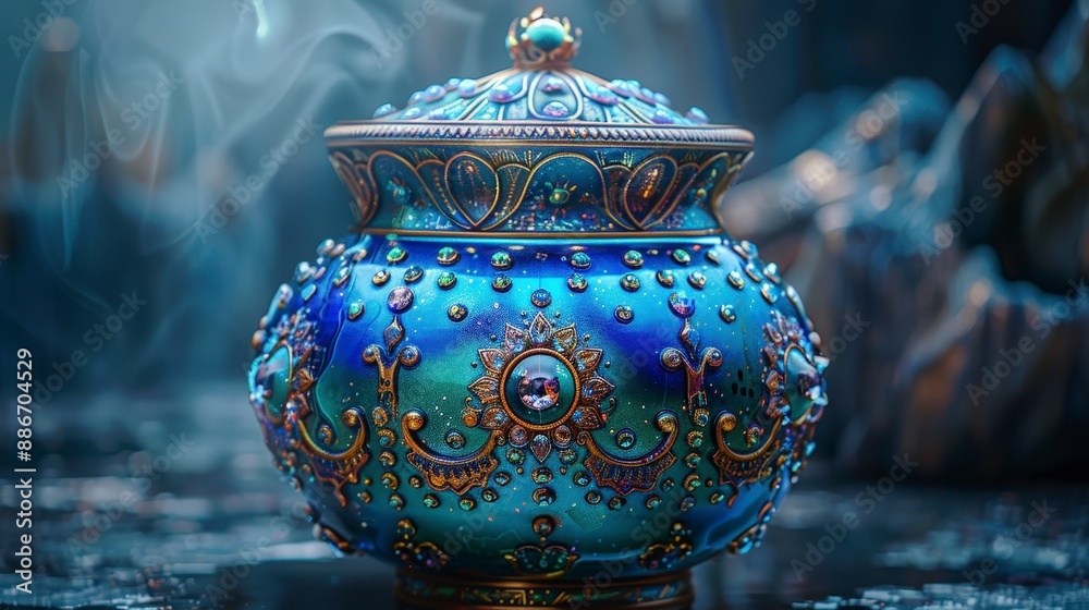 Blue and Gold Ornate Jar with Smoke Blue and Gold Ornate Jar with Smoke