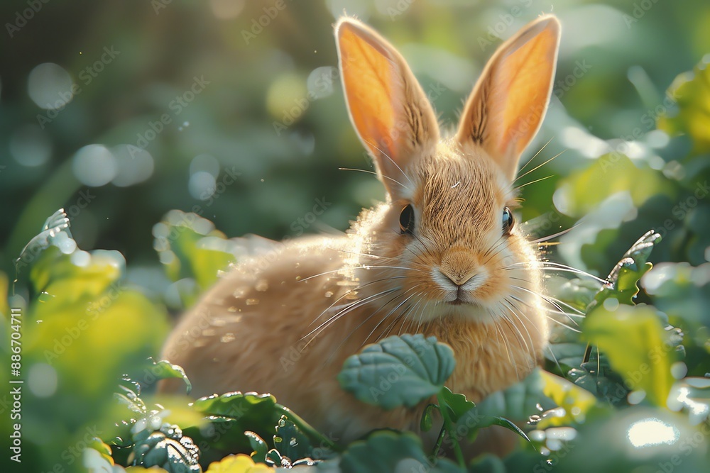 A cute brown rabbit sitting amidst vibrant green foliage and colorful flowers in a serene forest setting.