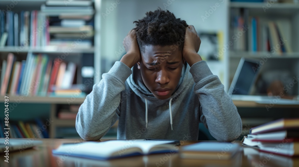 African Teenage Boy Studying, Overwhelmed, Sitting at Desk in Classroom or Library Surrounded by Books for Education and Academic Stress Concept African Teenage Boy Studying, Overwhelmed, Sitting at Desk in Classroom or Library Surrounded by Books for Education and Academic Stress Concept