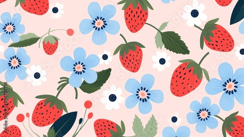 Seamless pattern with red strawberries and blue flowers on a pink background.