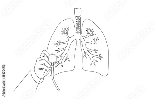 Continuous one line drawing of doctor's hand holding stethoscope to examine condition of lungs, medical check up concept, single line art.