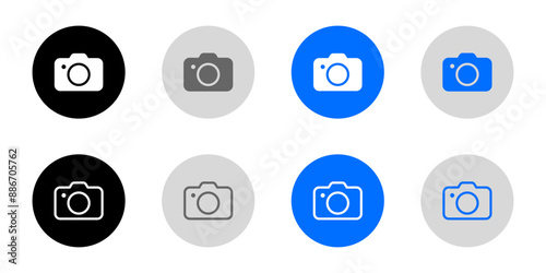 Camera icon. Image sign. Photo symbol. Video pictogram. Picture illustration. Grey, blue and black button.