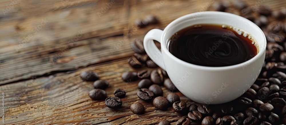 Selective focus on coffee beans and a white cup filled with black coffee set on an antique wooden backdrop creating a composition with copy space image Selective focus on coffee beans and a white cup filled with black coffee set on an antique wooden backdrop creating a composition with copy space image