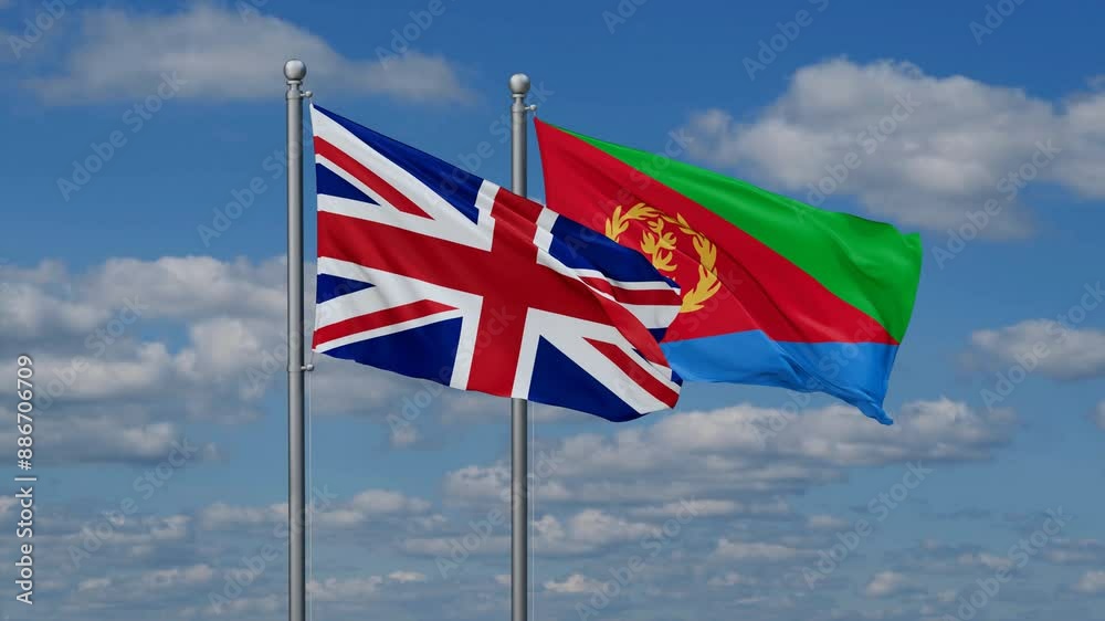 Eritrea and United Kingdom flags flying together, video concept of the relationship, two country cooperation concept Eritrea and United Kingdom flags flying together, video concept of the relationship, two country cooperation concept