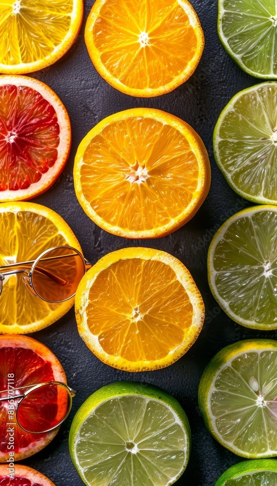 Fototapeta premium Vibrant summer composition with sunglasses and citrus fruits