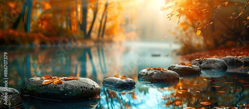 Beautiful autumn forest wildlife with stones offers a serene backdrop for text The image portrays solitude in nature. Copy space image. Place for adding text and design photo