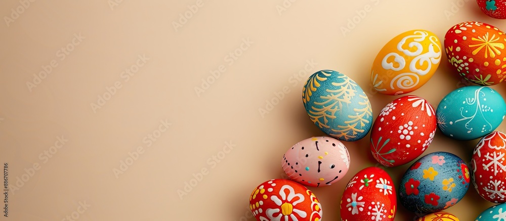 Beige background with colorful Easter eggs providing copy space image Beige background with colorful Easter eggs providing copy space image