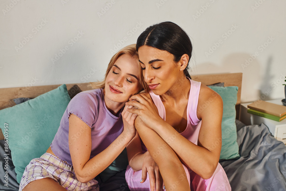A happy lesbian couple is enjoying a moment of intimacy and affection in their comfortable home. A happy lesbian couple is enjoying a moment of intimacy and affection in their comfortable home.