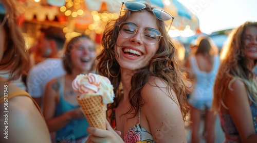 a group of friends having fun, eating ice creams in cone