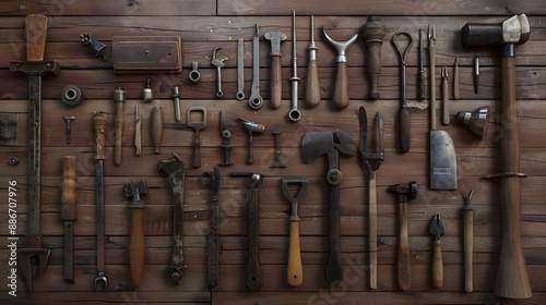 Set of carpenter's tools on wooden background. 