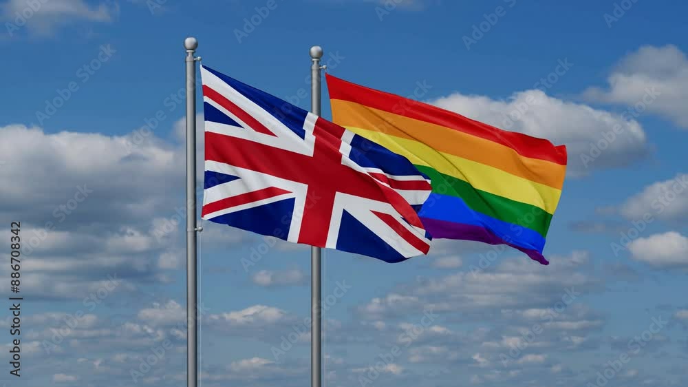 LGBT movement flag also Gay Pride and United Kingdom two flags waving cycle looped video, tolerance conception in country LGBT movement flag also Gay Pride and United Kingdom two flags waving cycle looped video, tolerance conception in country