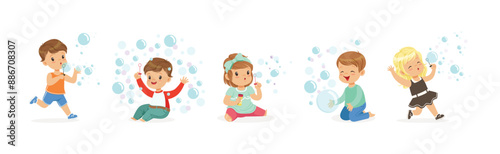 Funny Boy and Girl Playing with Soap Bubbles Vector Set