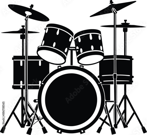 Black white drum set silhouette vector Style illustration. Generative AI