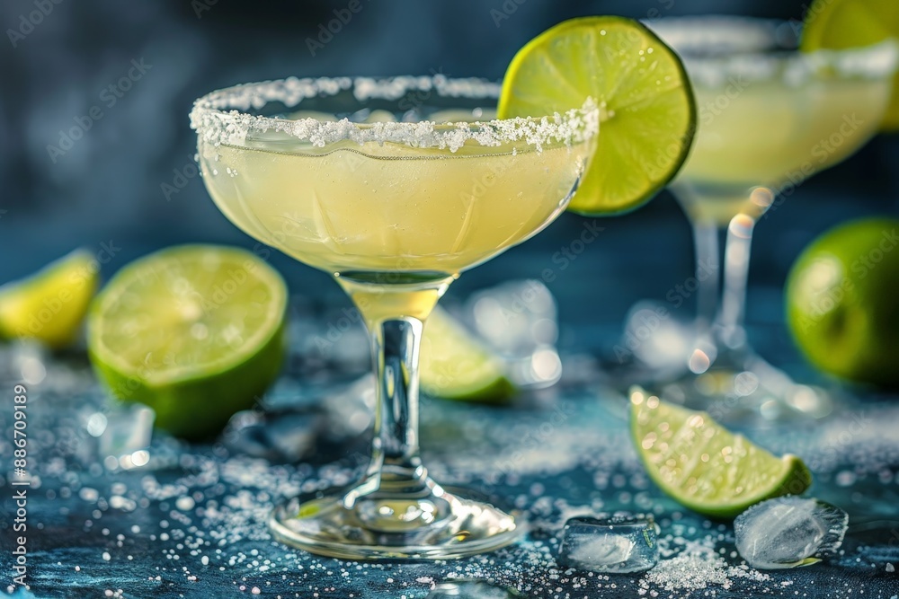 Margarita glass floating with salt rim and lime wedges