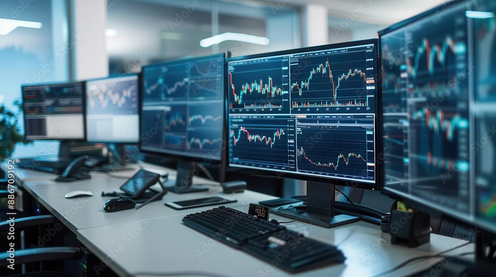 Detailed financial analysis with dynamic stock market charts, graphs, and figures on multiple monitors, highlighting market performance and investment strategies Detailed financial analysis with dynamic stock market charts, graphs, and figures on multiple monitors, highlighting market performance and investment strategies