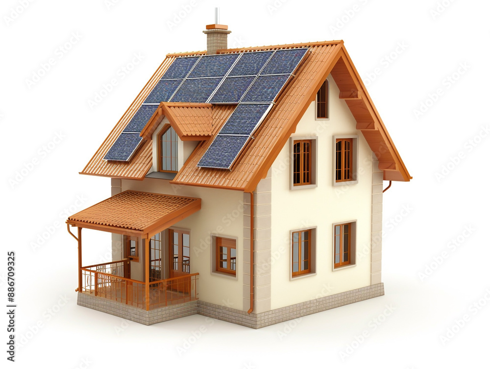 Miniature house model with solar panel on the roof. Isolated on white background. smart home energy saving concept Miniature house model with solar panel on the roof. Isolated on white background. smart home energy saving concept