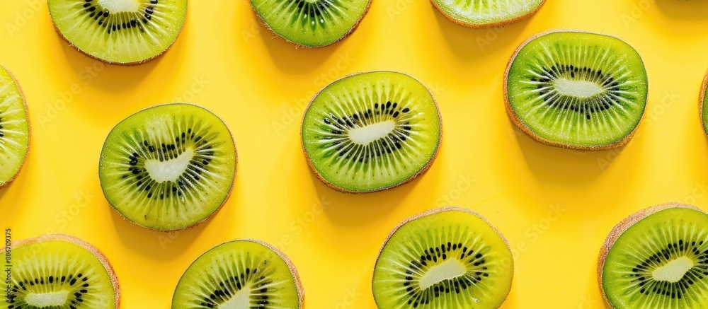 Juicy kiwi slices on a bright yellow backdrop create a fresh and vibrant summer vibe in a simple and modern arrangement with space for text or images. Copy space image Juicy kiwi slices on a bright yellow backdrop create a fresh and vibrant summer vibe in a simple and modern arrangement with space for text or images. Copy space image