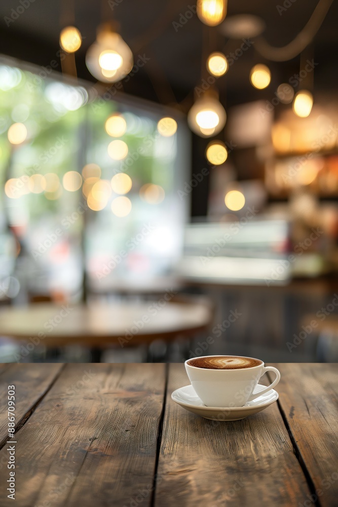 Cozy coffee shop interior with wooden table, white saucer and steaming hot cup. Blurred background lights create inviting atmosphere. Perfect for product display or advertising. Cozy coffee shop interior with wooden table, white saucer and steaming hot cup. Blurred background lights create inviting atmosphere. Perfect for product display or advertising.