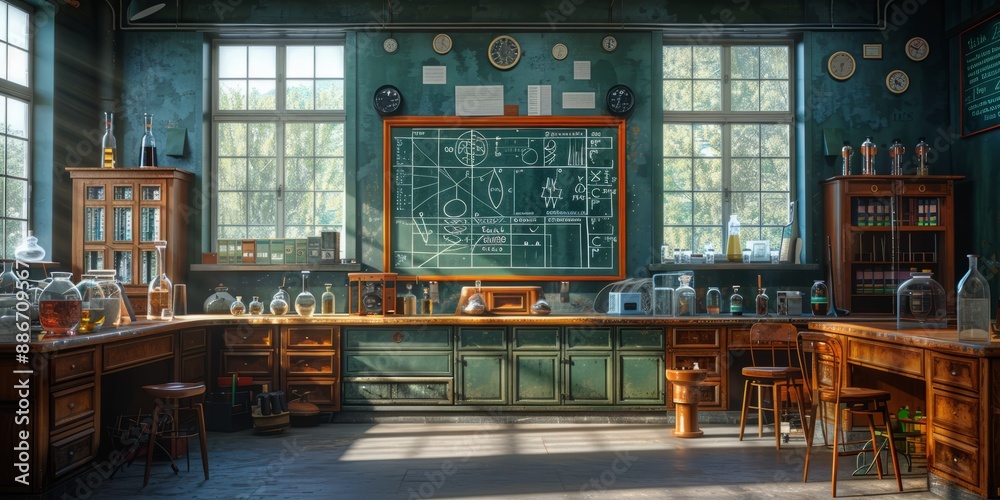 Science classroom with detailed periodic table and lab equipment Science classroom with detailed periodic table and lab equipment