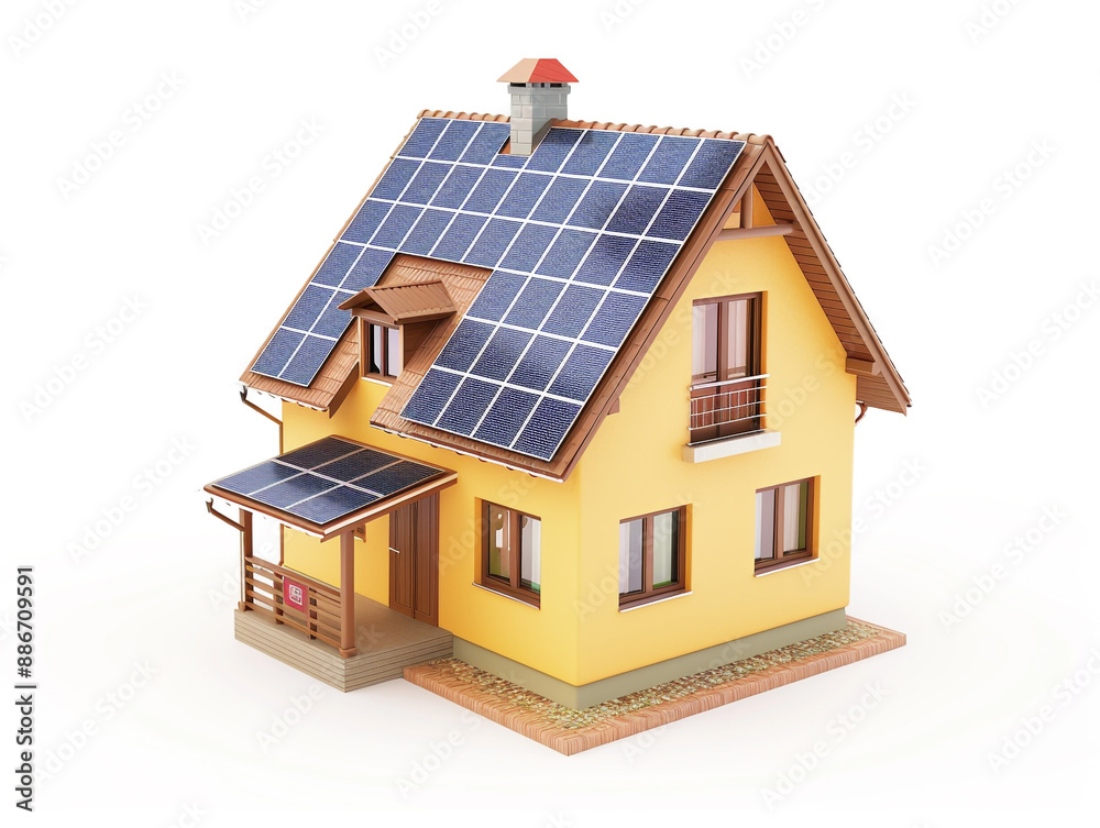 Miniature house model with solar panel on the roof. Isolated on white background. smart home energy saving concept Miniature house model with solar panel on the roof. Isolated on white background. smart home energy saving concept