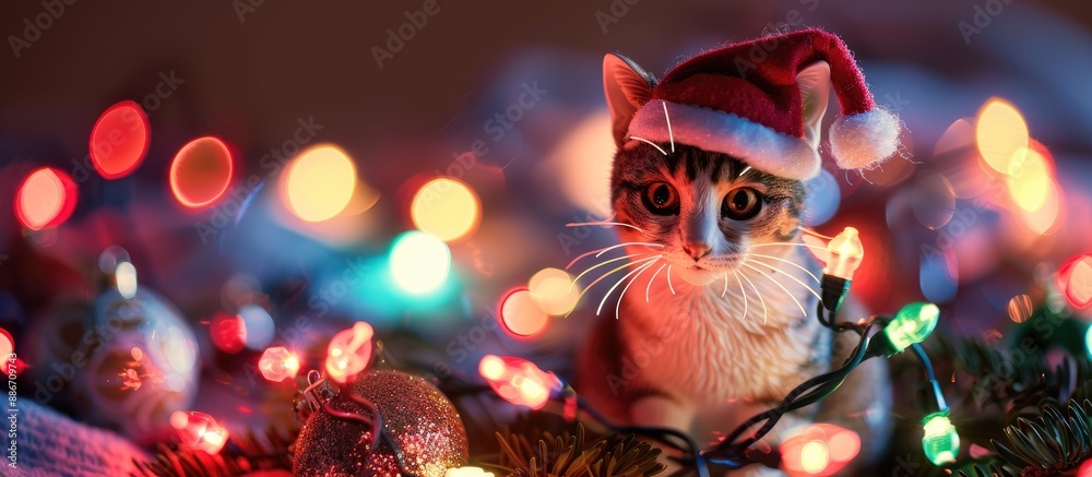 Christmas lights surrounding a figurine of a cat in a Santa hat creating a festive scene with a copy space image for greeting cards Christmas lights surrounding a figurine of a cat in a Santa hat creating a festive scene with a copy space image for greeting cards