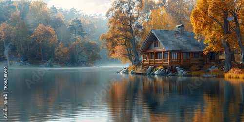 Rustic cabin by the lake for National Lakeside Retreat Day, November 11th, tranquil escape, autumn scenery, cozy ambiance
