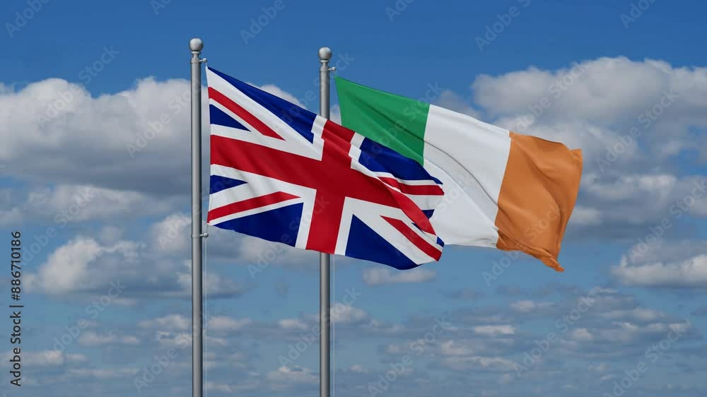 Ireland and United Kingdom flags flying together, video concept of the relationship, two country relations concept